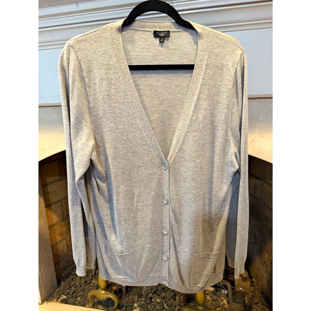 Talbots Petites XL Gray Solid V-Neck Button Front Knit Cardigan Sweater Pockets